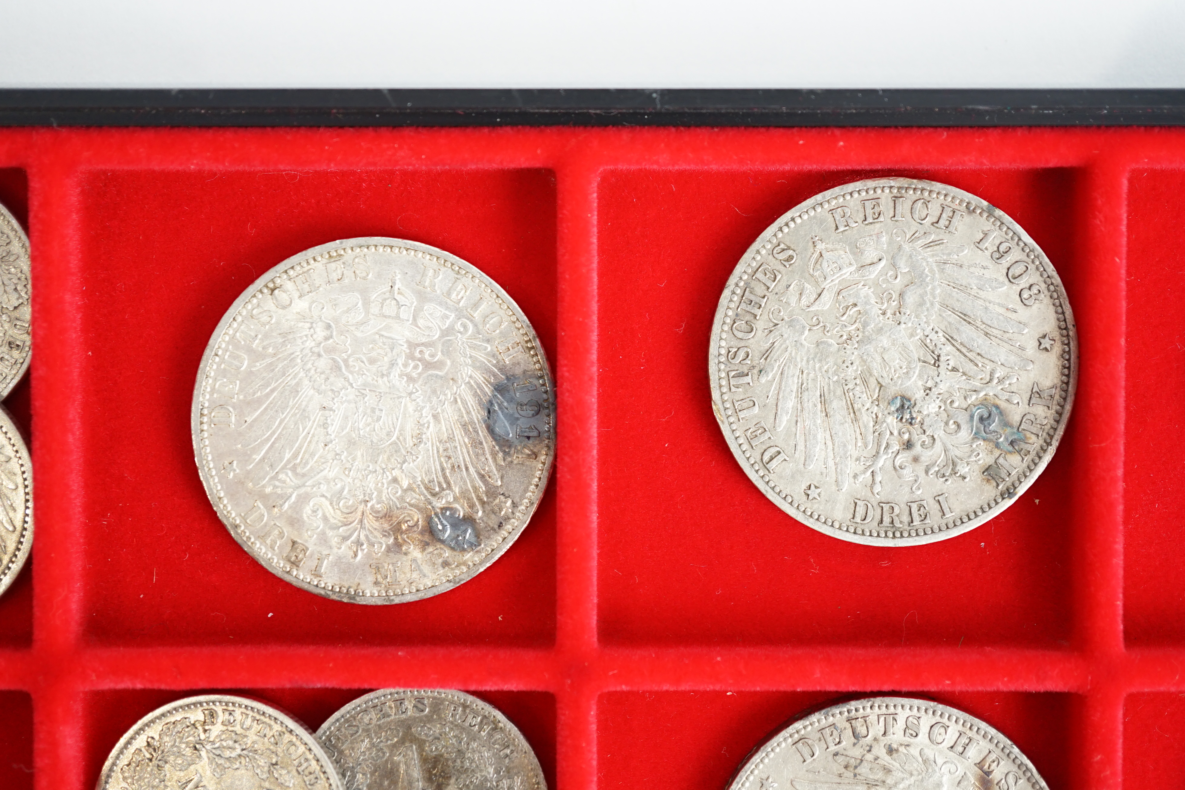 German states, silver coins, including Kingdom of Prussia, 3 mark coins, 1908A, VF, two 1909A, VF, 1910A, VF, Kingdom of Württemberg 3 mark coins, two 1912F, VF, 1914F, good VF, Grand Duchy of Baden, 3 mark, 1914G, VF, f